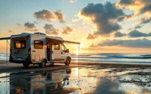 Camping-car Autostar profil bas garé au bord de la mer au coucher du soleil, lumière volumétrique dorée, sable mouillé réfléchissant, mer calme et falaises au loin, auvent ouvert, ambiance naturelle et réaliste.