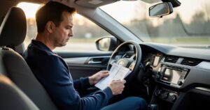 Conducteur consultant ses documents d'assurance automobile dans sa voiture