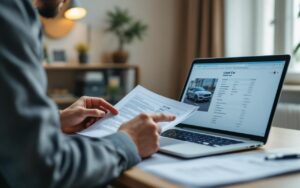 Un acheteur compare sur un ordinateur une annonce de voiture avec des documents du véhicule posés sur une table, dans un bureau européen éclairé par la lumière naturelle.