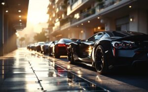 Garage de supercars de luxe à Monaco, voitures rares alignées sous une lumière cinématographique, ambiance urbaine élégante avec reflets sur le sol.