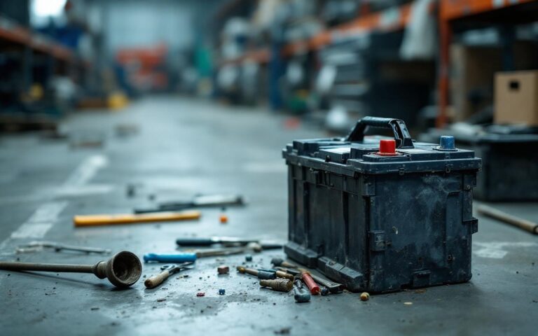 Illustration réaliste d’une batterie de voiture usagée posée dans un atelier de recyclage automobile, avec une ambiance technique documentaire et des détails visibles d’usure.