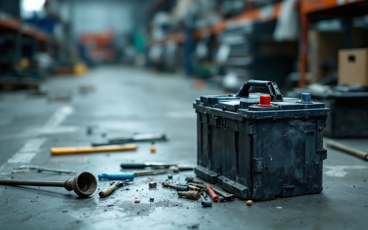 Illustration réaliste d’une batterie de voiture usagée posée dans un atelier de recyclage automobile, avec une ambiance technique documentaire et des détails visibles d’usure.