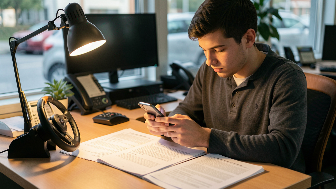 Un jeune homme révise le permis de conduire sur un bureau automobile, avec un smartphone, des fiches papier et un petit volant.