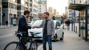 Un homme compare un vélo, une voiture et des transports urbains devant une ville moderne et apaisée.