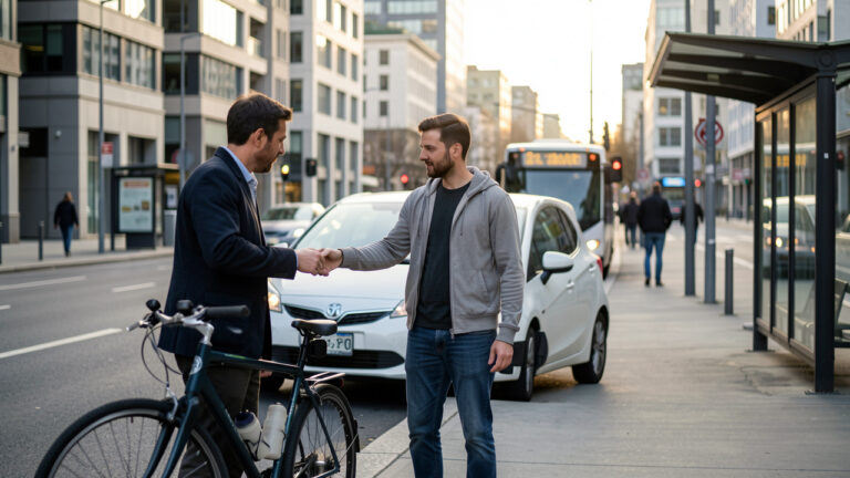 Un homme compare un vélo, une voiture et des transports urbains devant une ville moderne et apaisée.