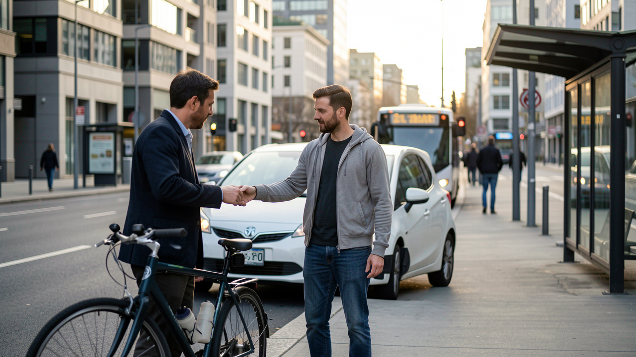 Un homme compare un vélo, une voiture et des transports urbains devant une ville moderne et apaisée.