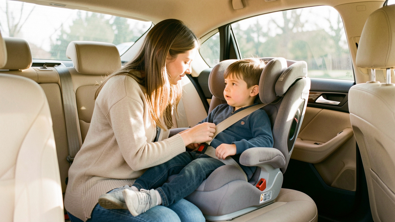 Une mère vérifie correctement la ceinture de sécurité d’un jeune garçon assis sur un rehausseur à l’arrière d’une voiture moderne, éclairée par la lumière naturelle.