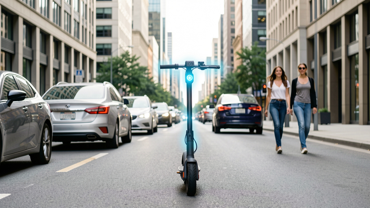 Scooter électrique moderne circulant dans une avenue urbaine, avec un radar avant discret et une visualisation lumineuse des capteurs autour des véhicules et de deux piétonnes.