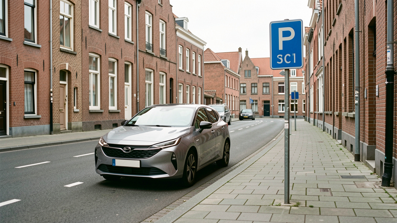Voiture compacte correctement stationnée dans une rue urbaine belge, avec un panneau bleu et un trottoir dégagé.