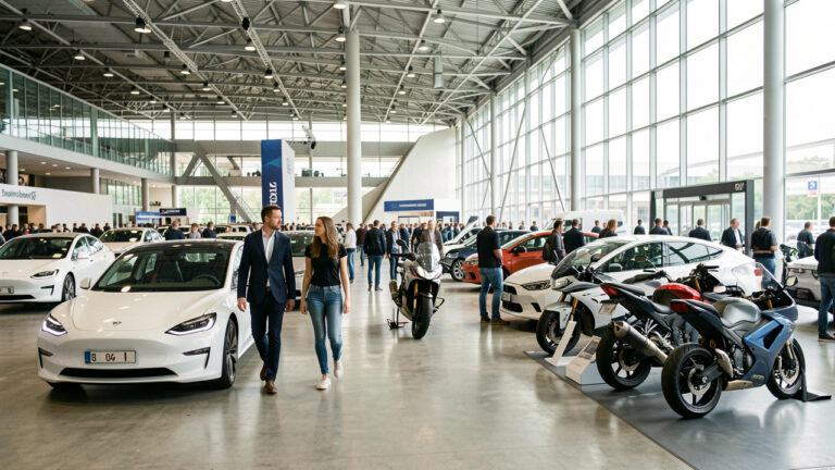 Vue réaliste du Parc Expo de Tours pendant un salon automobile, avec un homme et une femme parmi des visiteurs observant des voitures électriques et des motos dans un hall lumineux.