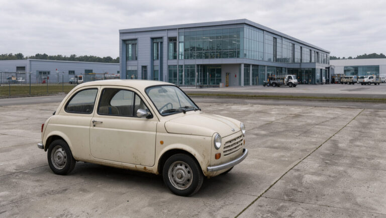 Une voiture française ancienne garée devant une usine automobile moderne dédiée à la production de véhicules électriques, illustrant le contraste entre patrimoine et innovation.